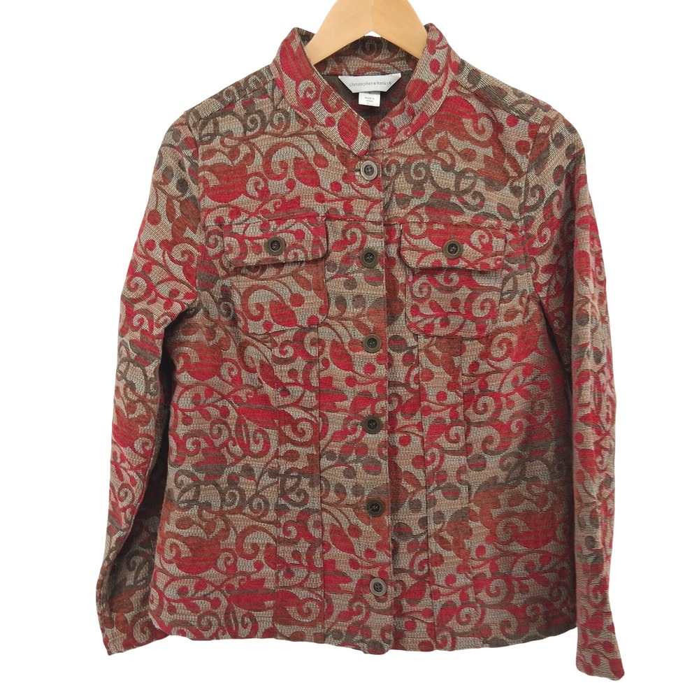 Christopher‎ & Banks Womens Sz M Tapestry Jacket Brown Scroll Jacquard Boho Fall